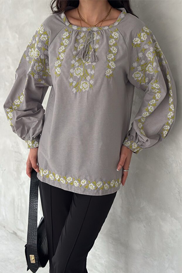 Women's Gray Halter Neck Embroidered Cotton Blouse