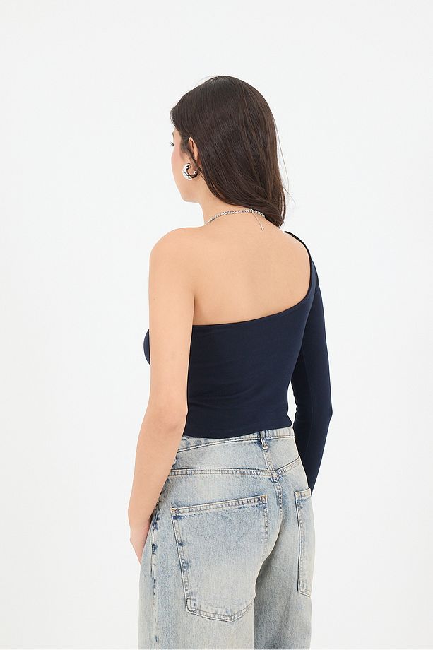 Tek Omuz Uzun Kollu Crop Bluz B13784-F1 - 4