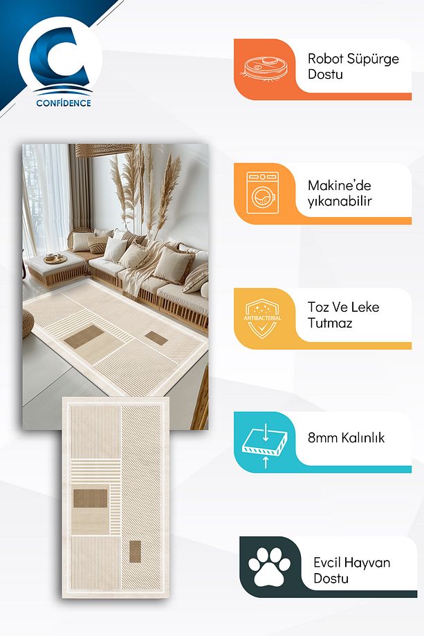 Makinede Yıkanabilir Kaymaz Taban Leke Tutmaz Geometrik Bej Mutfak Halısı Salon Halısı Ve Yolluk - 2