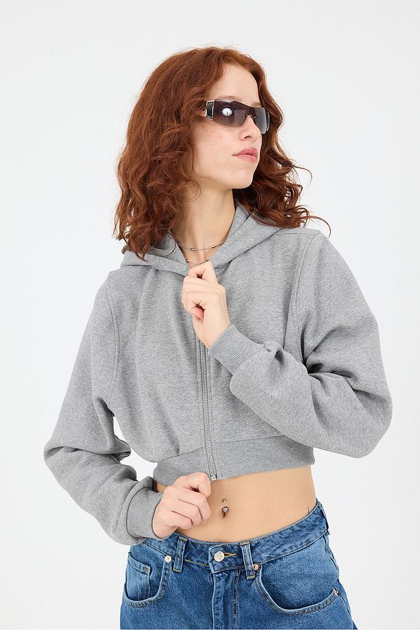 Şardonlu Kapüşonlu Crop Sweatshirt H1526-İ9 - 2