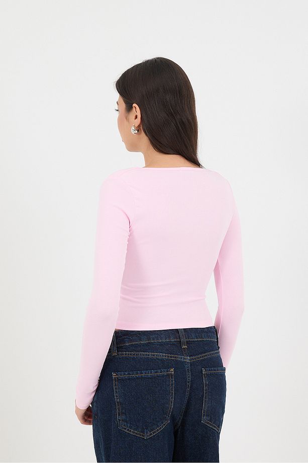 Kare Yaka Uzun Kollu Basic Crop Bluz B3713-J1 - 5