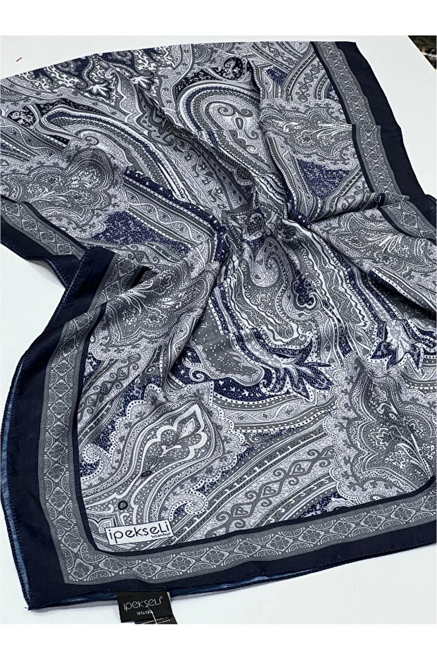 Navy Blue Gray Cotton Shawl - Silky Etro Pattern