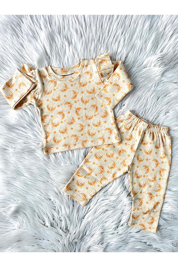 Unicorn Moon Pattern Krem 2'li Kız Bebek Takımı Pijama - 1