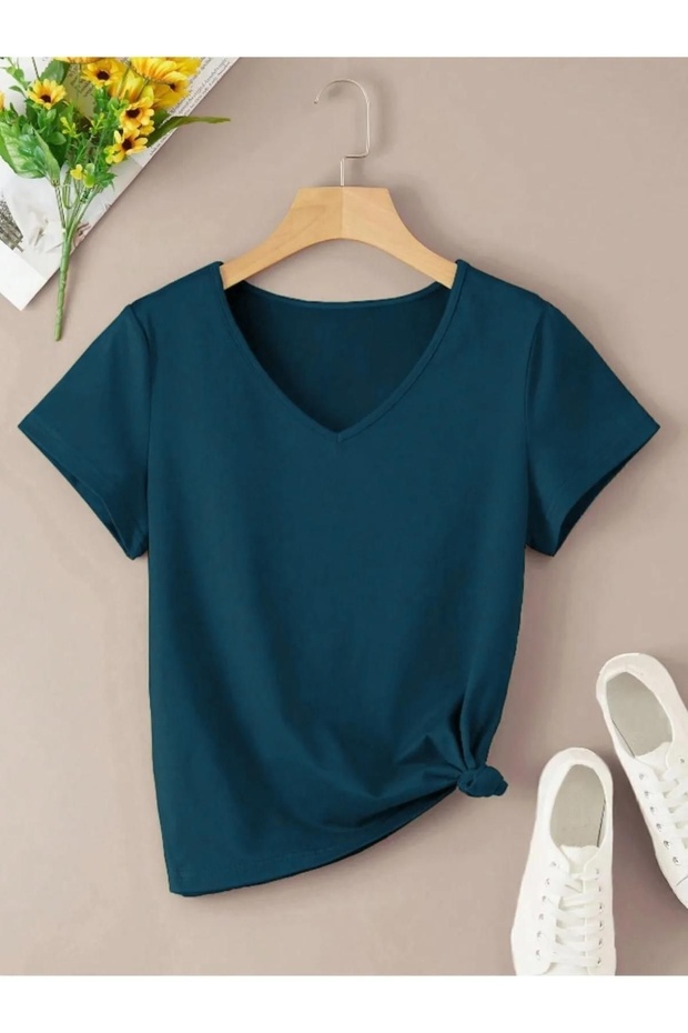 Women's Petrol Blue V-Neck Regular T-Shirt