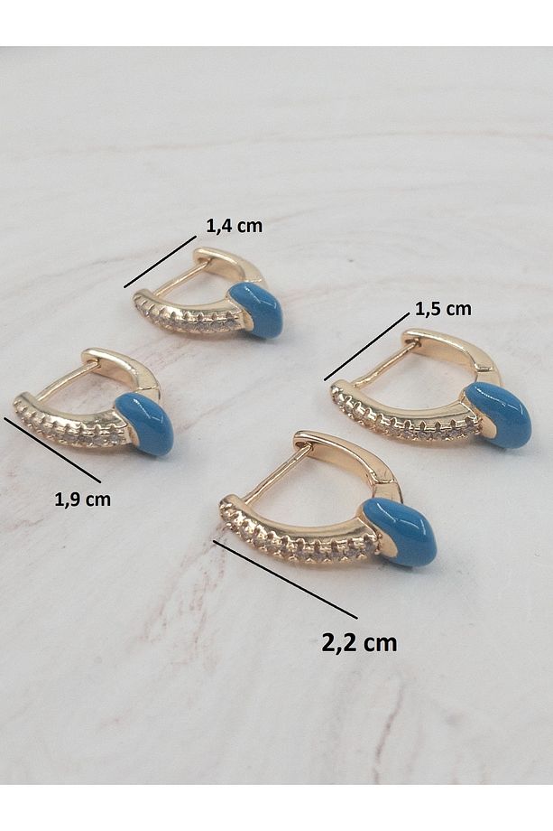 Zirkon Taşlı Mavi Uçlu V Model Çelik Küpe Seti- 2 Çift - 2