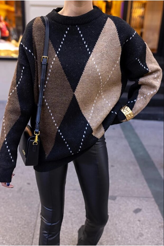 Oversize hnědé úplety s diamantovým vzorem - 3