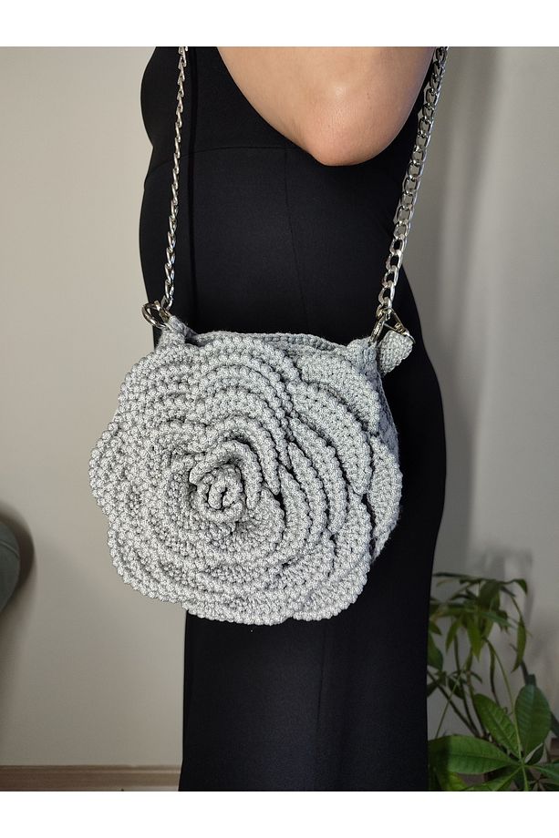 Polyester Makrome İpten Gül Detaylı Çanta - 2