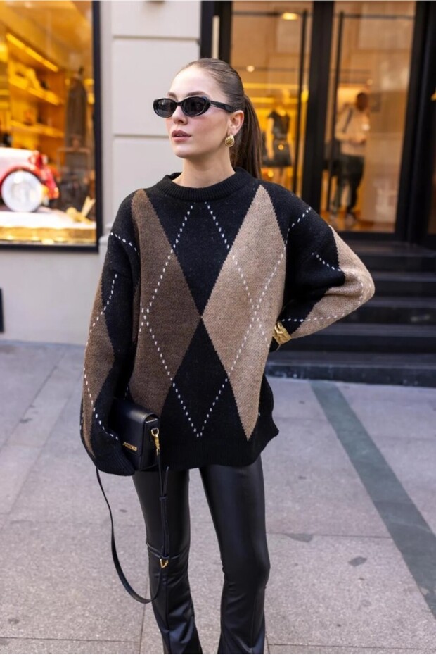 Oversize hnědé úplety s diamantovým vzorem - 1