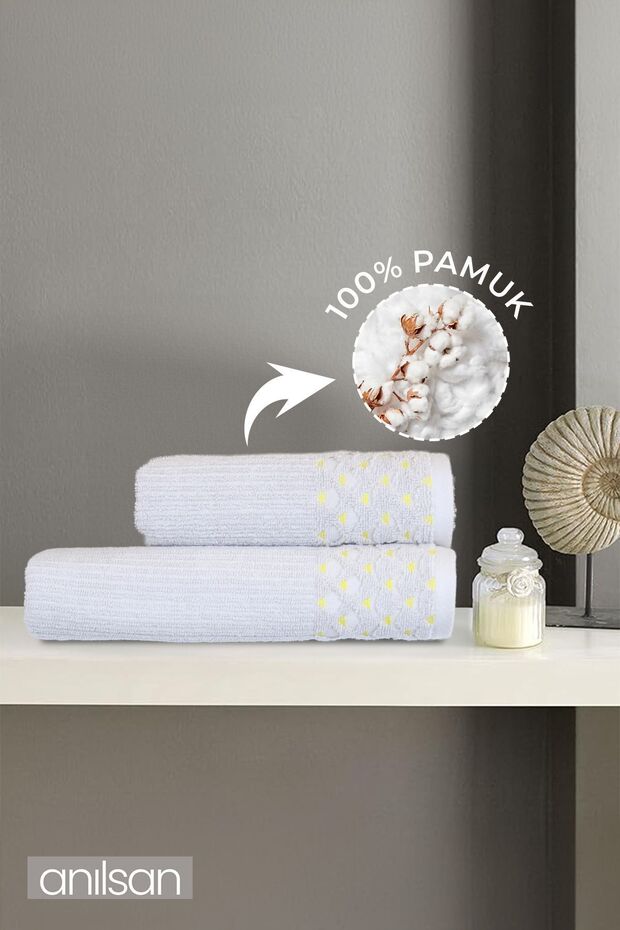 Set of 2 Grey, Yellow Dotted Towels 100% Cotton - 1 Hand Towel 50X90 - 1 Bath Towel 70X120