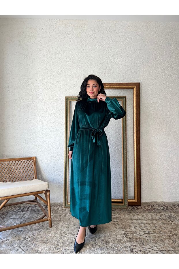 Rochie lungă de catifea verde - 2