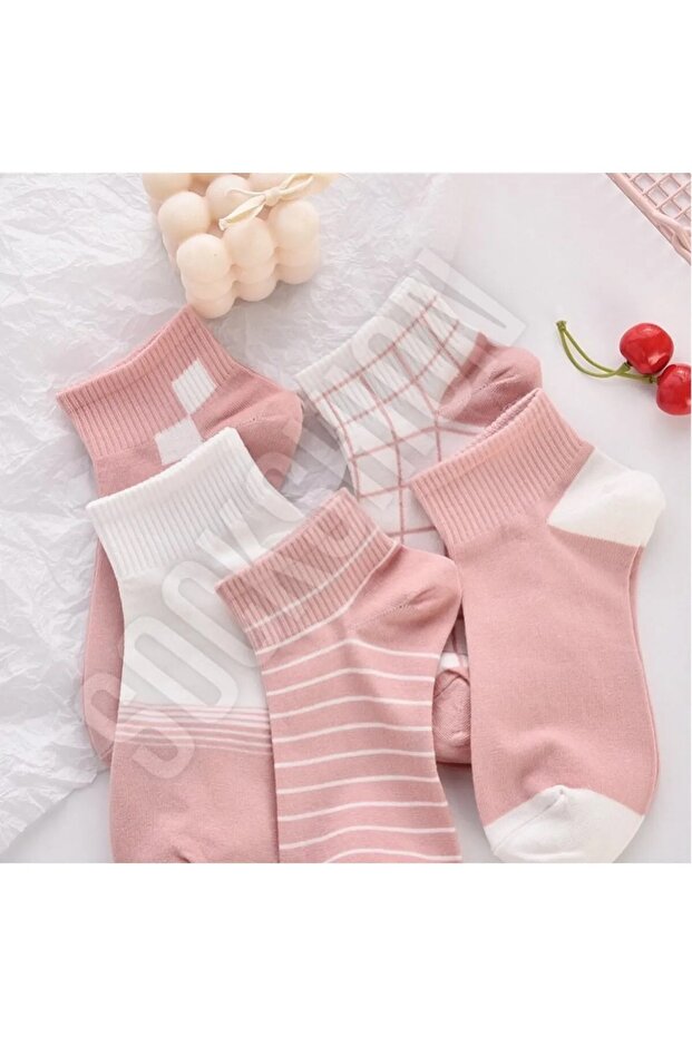 Women's Pink Patterned Half Socks College Socks Set - 5 Pairs