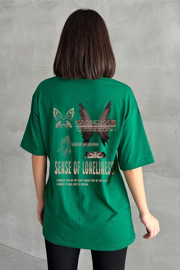 Women's Green Mysterious Butterfly Printed Crew Neck Oversize T-Shirt