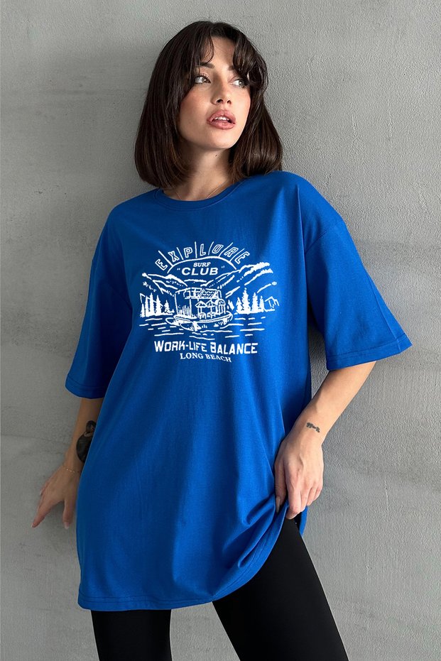 Women's Blue Surf Club Printed Crew Neck Oversize T-Shirt