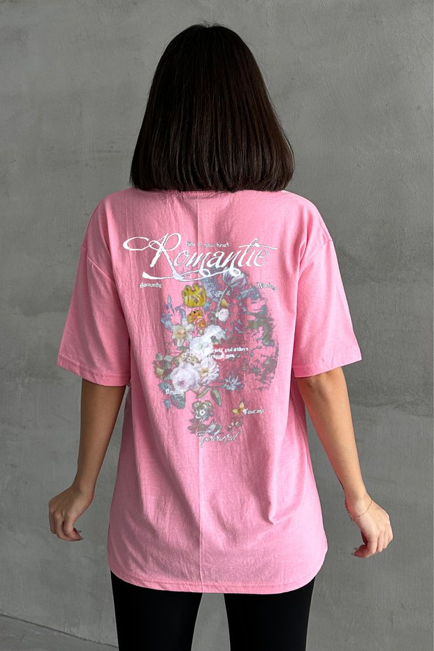 Women's Pink Romantic Printed Crew Neck Oversize T-Shirt