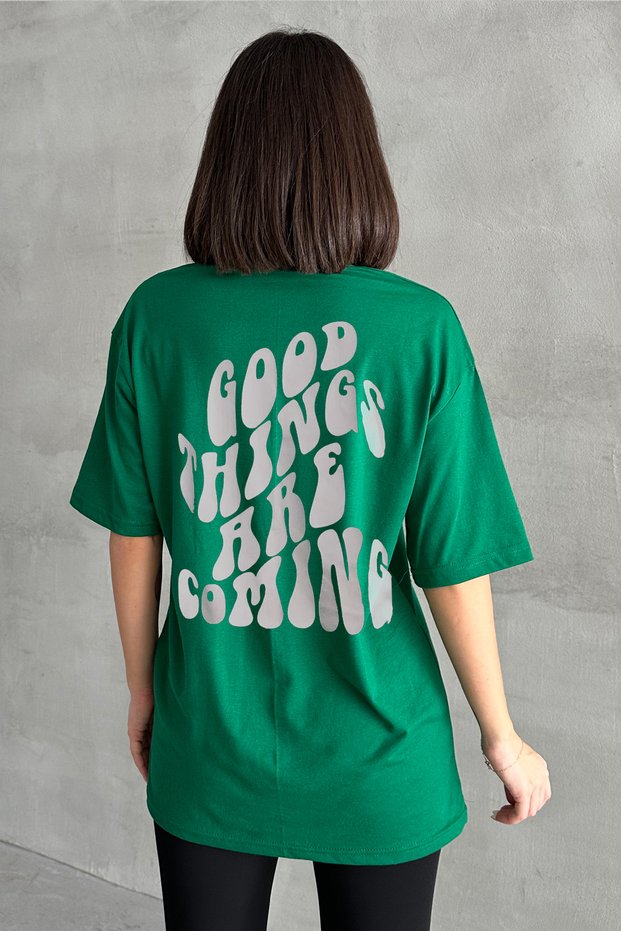Women's Green Good Things Printed Crew Neck Oversize T-Shirt
