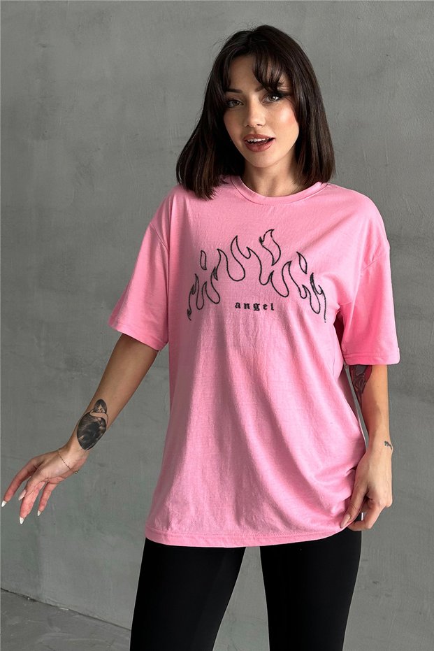 Women's Pink Angel Printed Crew Neck Oversize T-Shirt