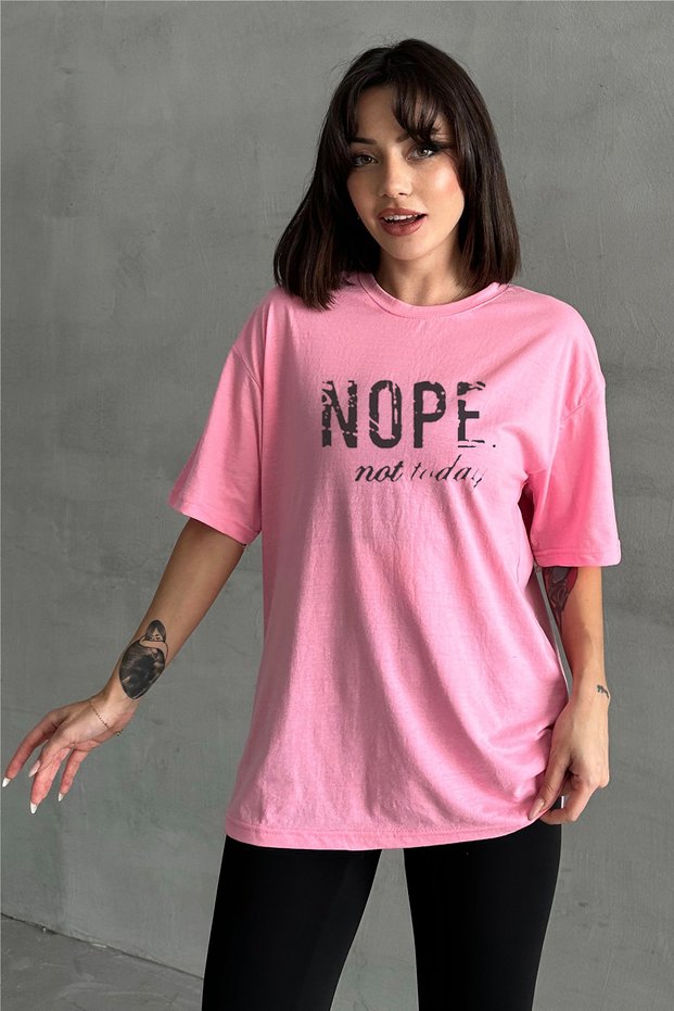 Women's Pink Nope Printed Crew Neck Oversize T-Shirt