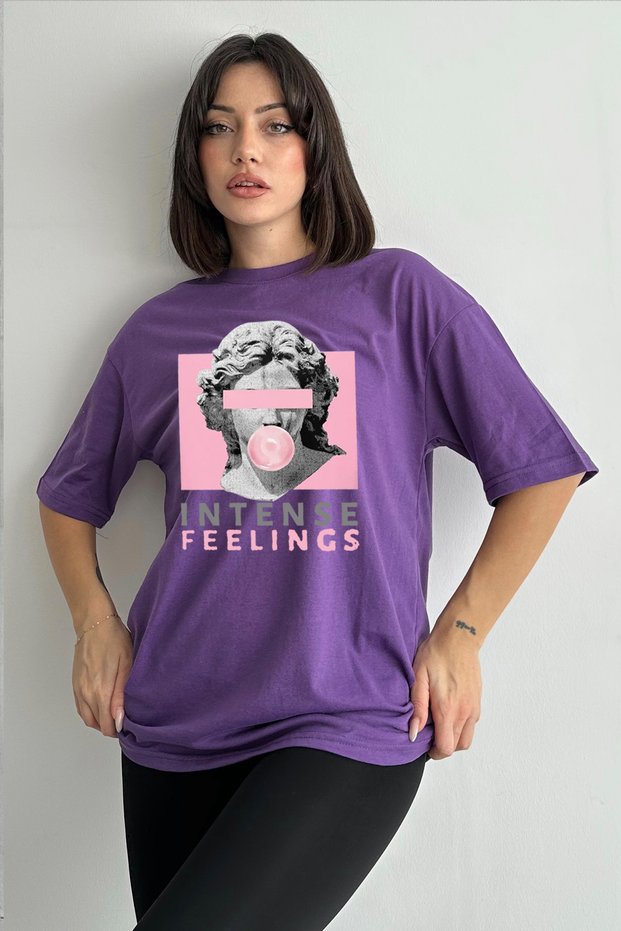 Women's Purple Intense Feelings Printed Crew Neck Oversize T-Shirt