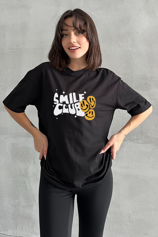 Women's Black Smile Club Printed Crew Neck Oversize T-Shirt