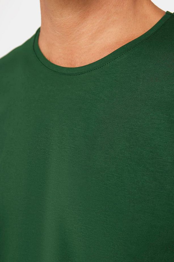 Erkek Slim Fit Dar Kesim Pamuklu Yumuşak Doku Likralı Esnek Kumaş Basic Yeşil Bisiklet Yaka Tişört - 4