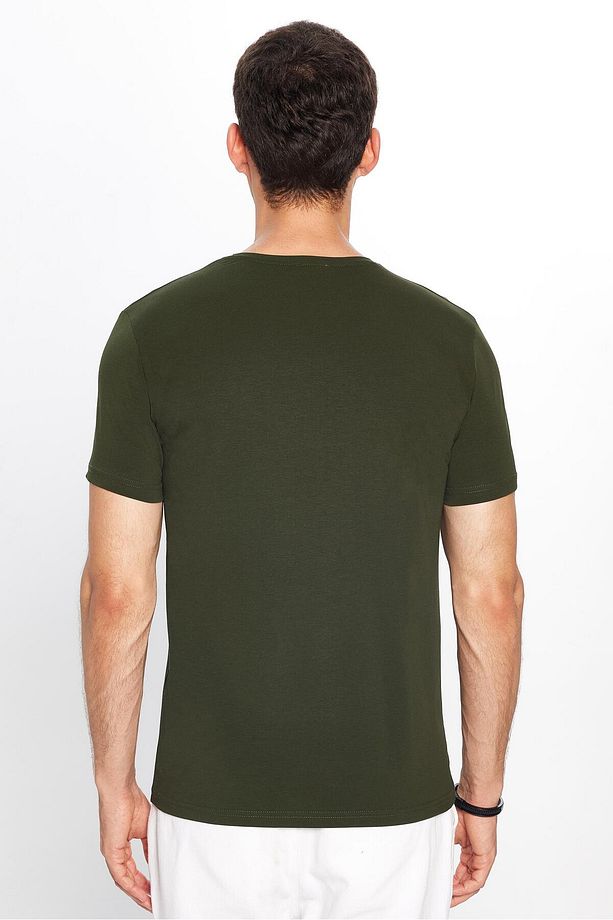 Erkek Slim Fit Dar Kesim Pamuklu Yumuşak Doku Likralı Esnek Kumaş Basic Haki Bisiklet Yaka Tişört - 5