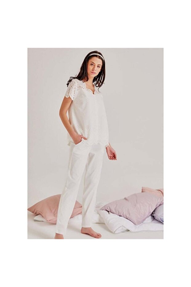 19108 Kendinden Brode Desenli Pijama Takım - Ekru - 2