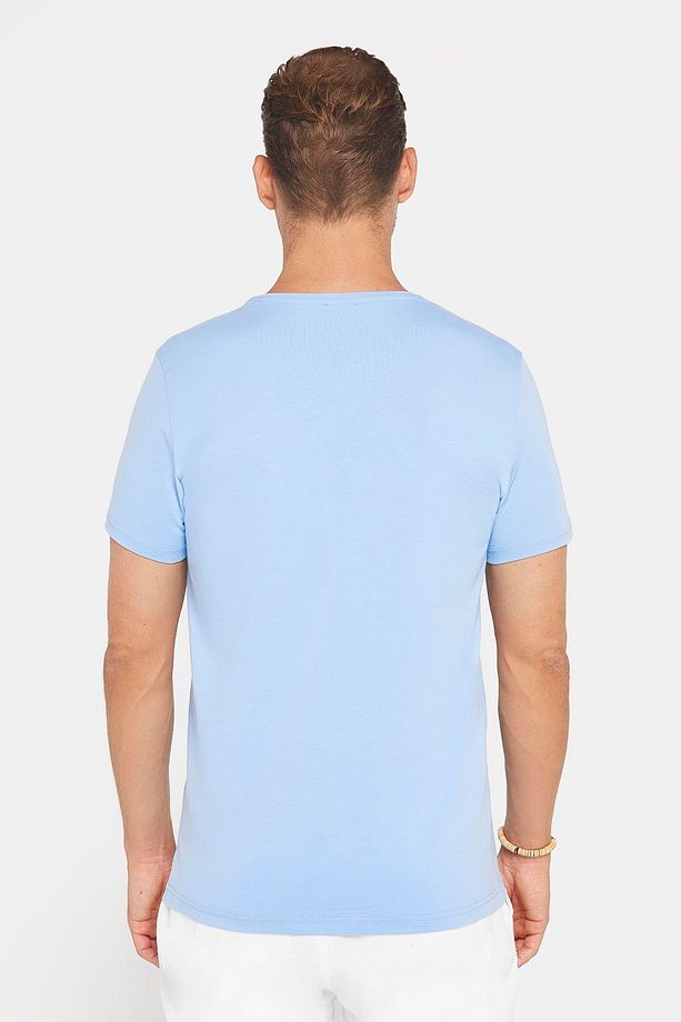 Erkek Slim Fit Dar Kesim Pamuklu Yumuşak Doku Likralı Esnek Kumaş Basic Mavi Bisiklet Yaka Tişört - 5
