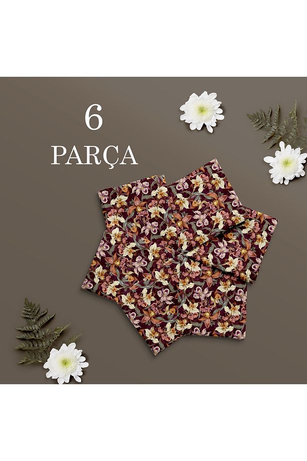 6 Adet  Bordo Çiçek Desenli Kumaş Amerikan Servis-sunum Peçetesi 35x35 Cm Tabak Üstü Şık - 3