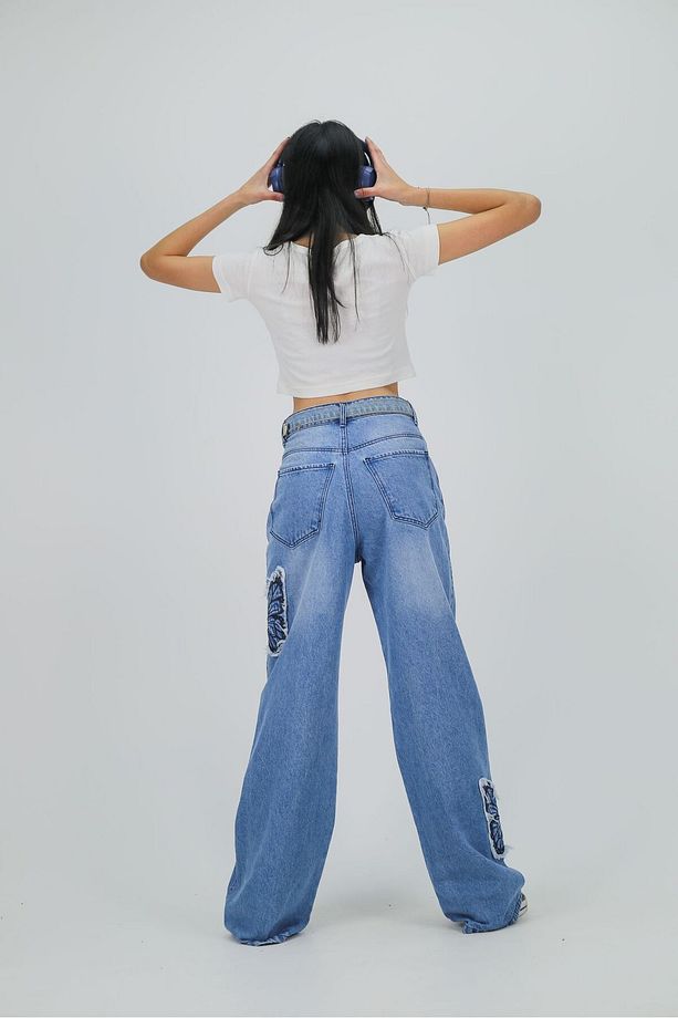 Y2k Kar Yıkamalı Butterfly Desenli Baggy Pantolon - 5
