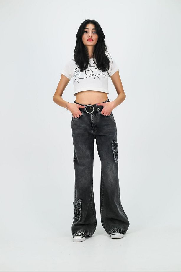 Y2k Kar Yıkamalı Butterfly Desenli Baggy Pantolon - 1