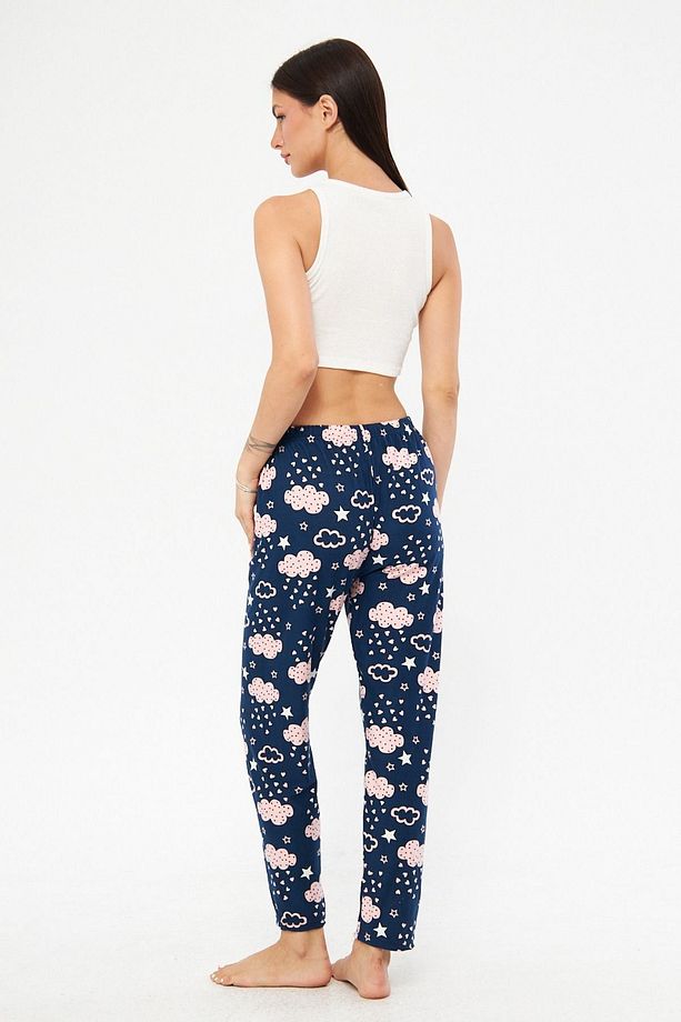 Kadın Pudra Bulut Desenli Pamuklu Süet Kadife Kumaş Pijama Altı - 4