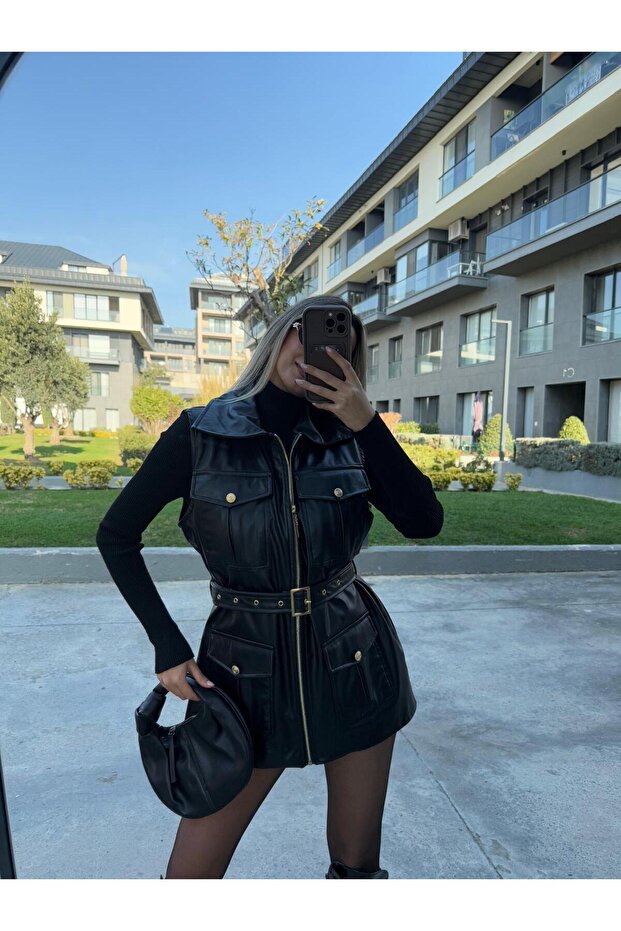 Gold Aksesuarlı Premium Deri Yelek - 4