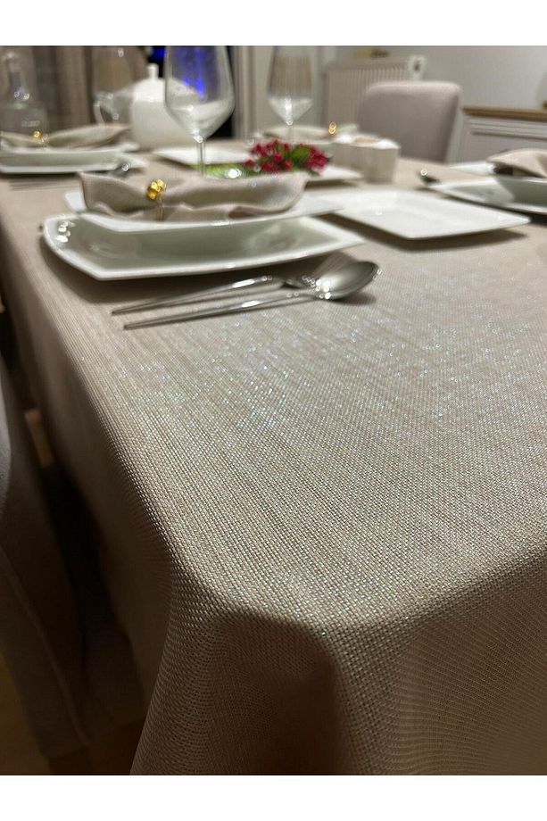 Polyester Keten Simli Linen Masa Örtüsü Taş Rengi + 6 Peçete - 3