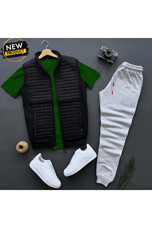 Basic Quilted Vest - Gray Summer Sweatpants - Khaki T-Shirt 3-Piece Bottom Top Set