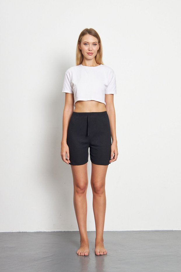 Black Women's Ribbed Casual Comfortable Wear Shorts Pajama Bottoms