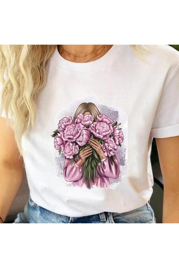 Women's Printed Detail Oversize Bol Cut T-Shirt with Cycling Neck