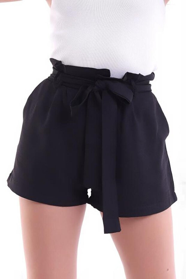 Kuşaklı Cepli Mini Şort Siyah Mdnss50 - 4