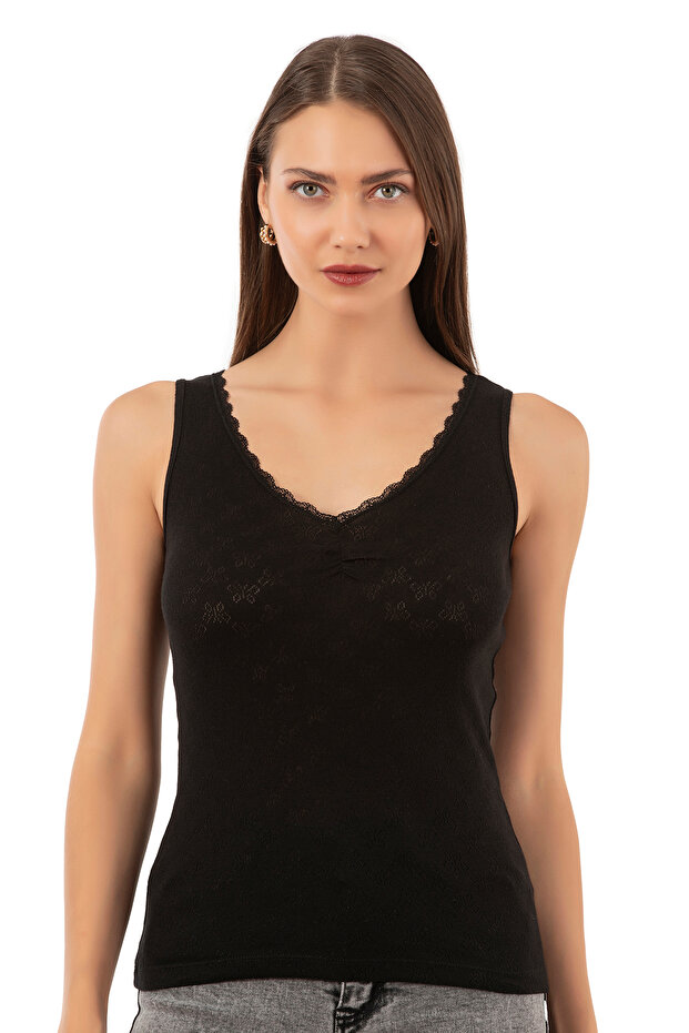 Özkan 20584 Women's Ribbed Cotton Lace Transfered Thick Strap Undershirt