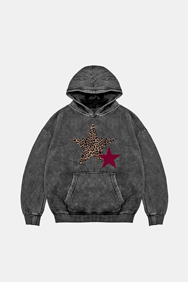 Y2K Leopard Starz Printed Oversize Unisex Washable Black Hoodie