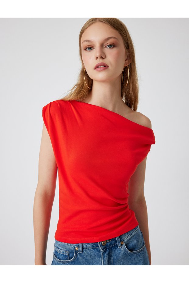 One-Shoulder Top with Draped Detail, Slim Fit, Cotton