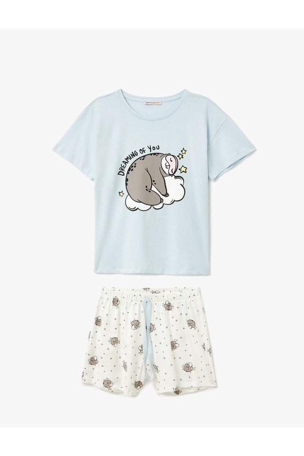 Cotton Printed Short Sleeve Crew Neck Shorts Pajamas Set