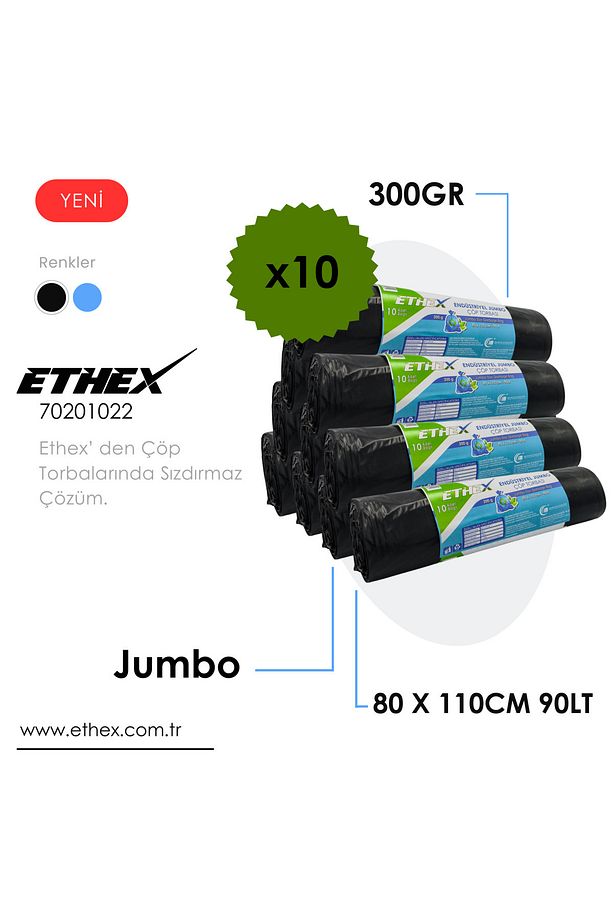 Endüstriyel Jumbo Boy Çöp Torbası/poşeti (10 ADET 300GR 80 X 110CM 90LT SİYAH 10 RULO) - 1