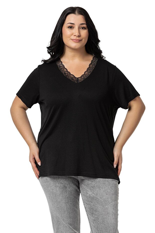 Plus Size V Neck Half Sleeve Collar Lace Black Blouse