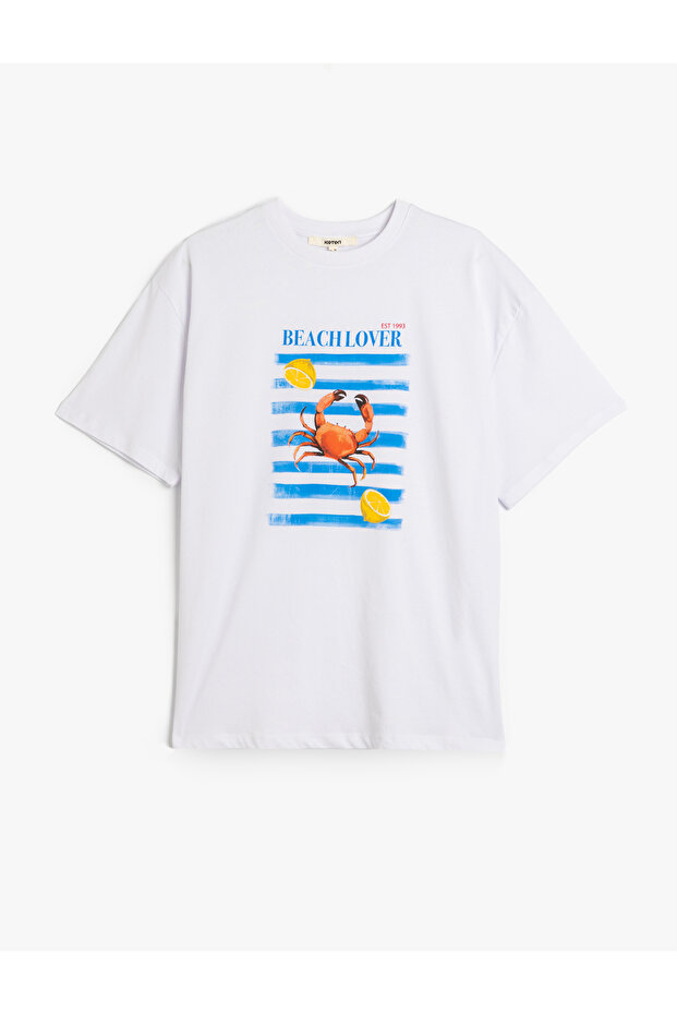 Short Sleeve Crew Neck Cotton Crab and Lemon Print Oversized Women's T-Shirt