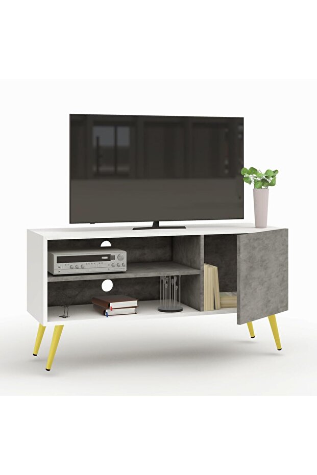 TV Stand, TV Media Console with 2 Storage Cabinets 1 Storage Door-White/Light Concrete