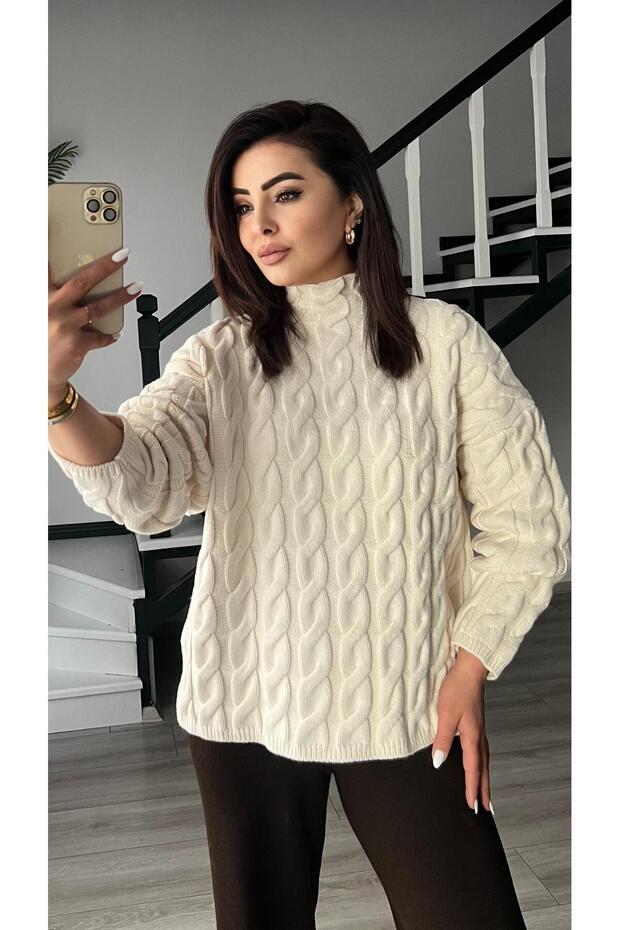 Ecru Stand Collar Hair Knit Sweater
