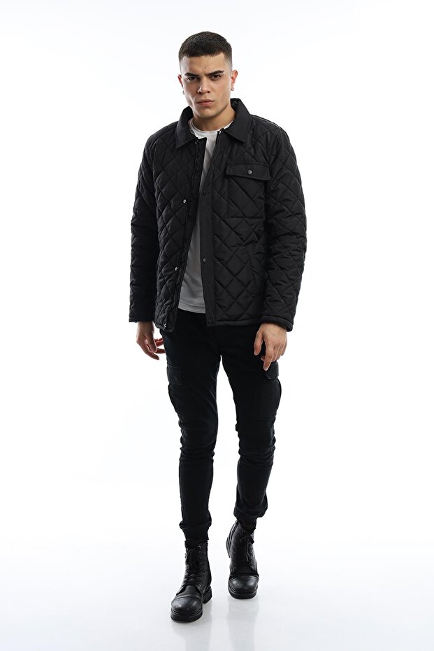 Men's Winter Diamond Patterned Long Basic Black Coat - 4