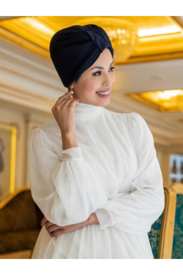 بونيه رملي باللون الأزرق الداكن - تصميم إسفين، برباط - 1