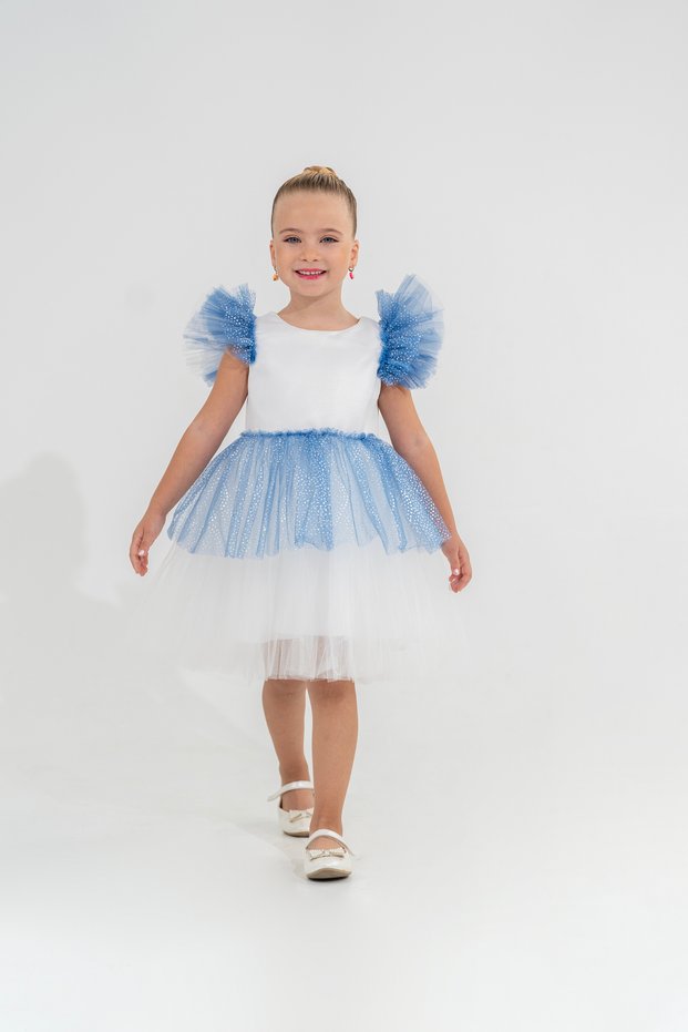 Ruffled Layered Blue Back Bow Detail Tulle Girl's Evening Dress