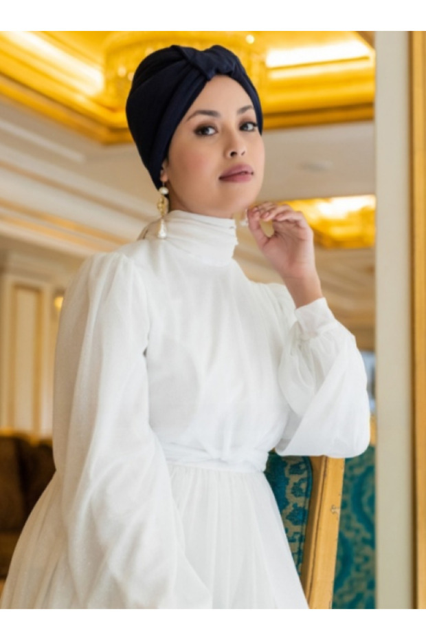 بونيه رملي باللون الأزرق الداكن - تصميم إسفين، برباط - 2